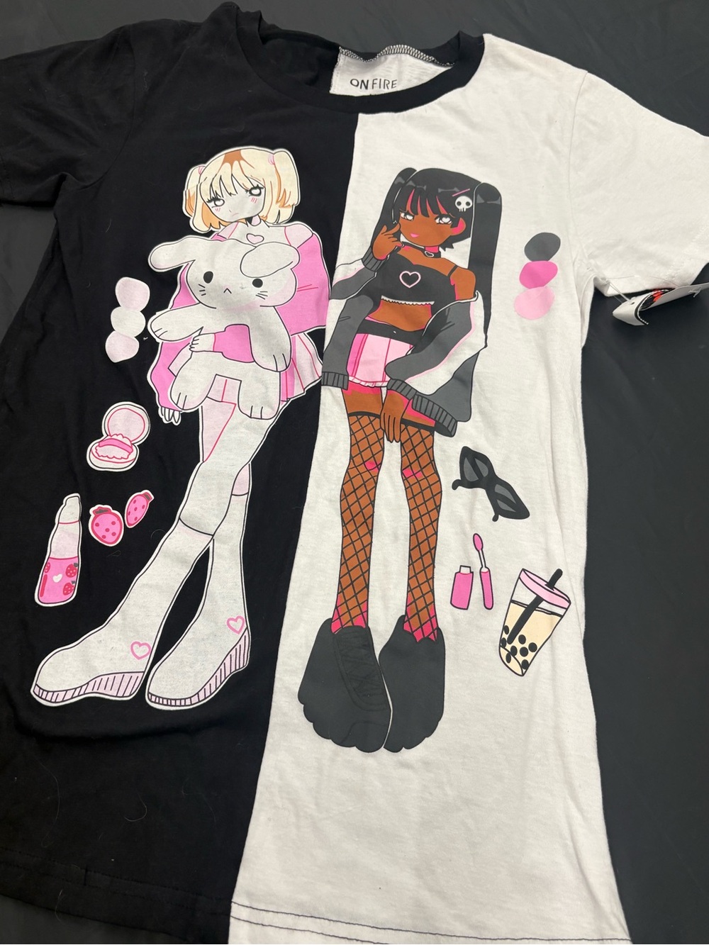 On Fire Black & White Split Anime Goth Graphic Tee